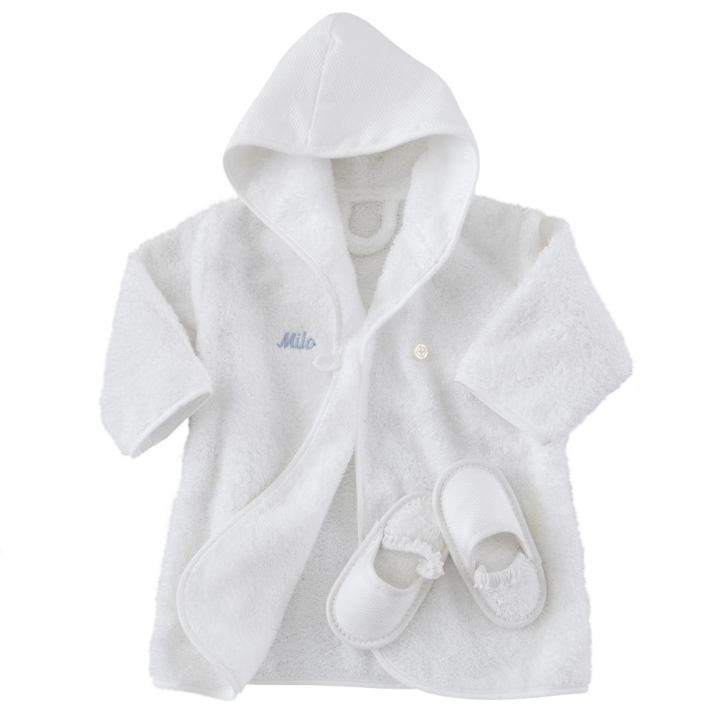 Personalized Baby Bathrobe and Slippers (Blue Lettering)