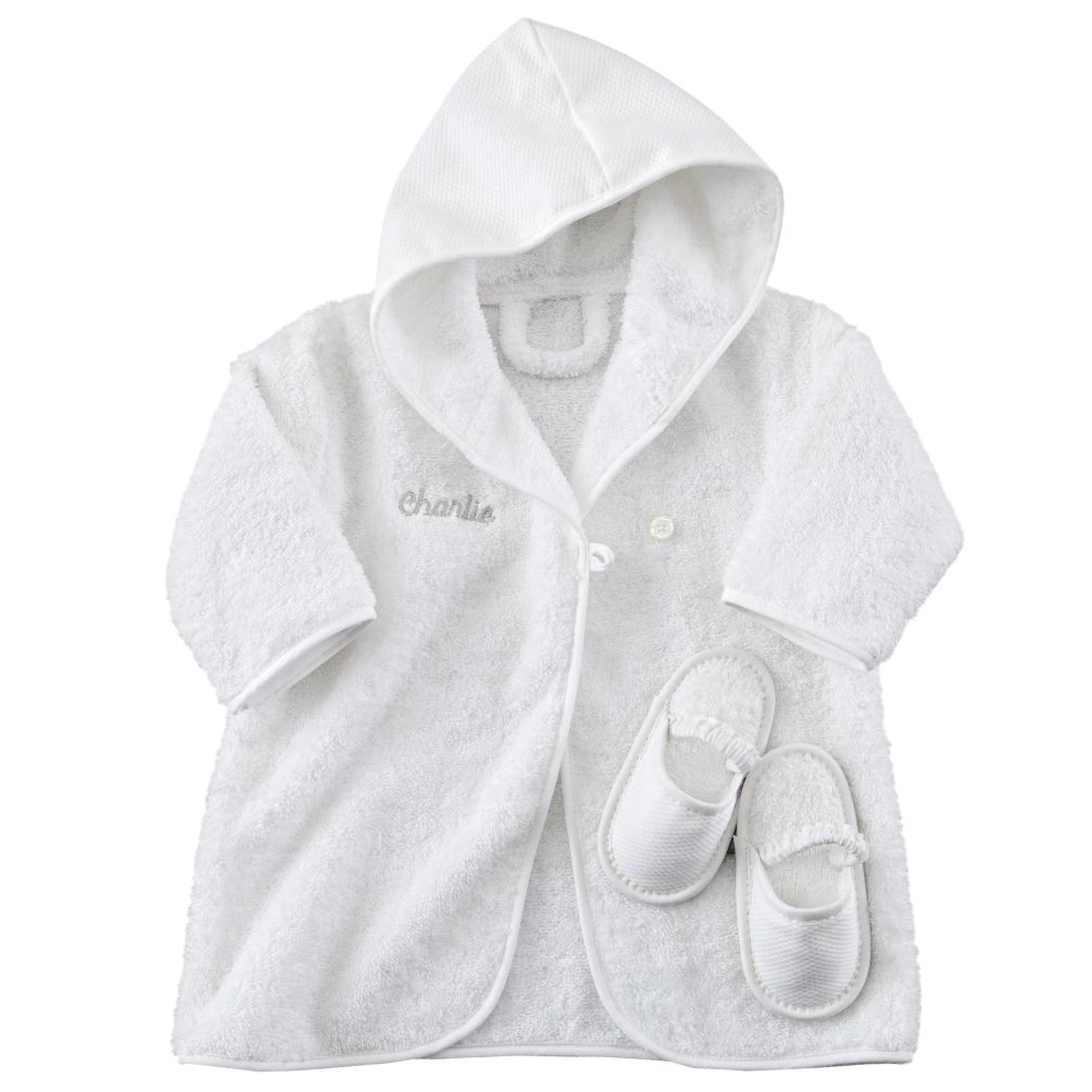 Personalized Baby Bathrobe and Slippers (Khaki Lettering)