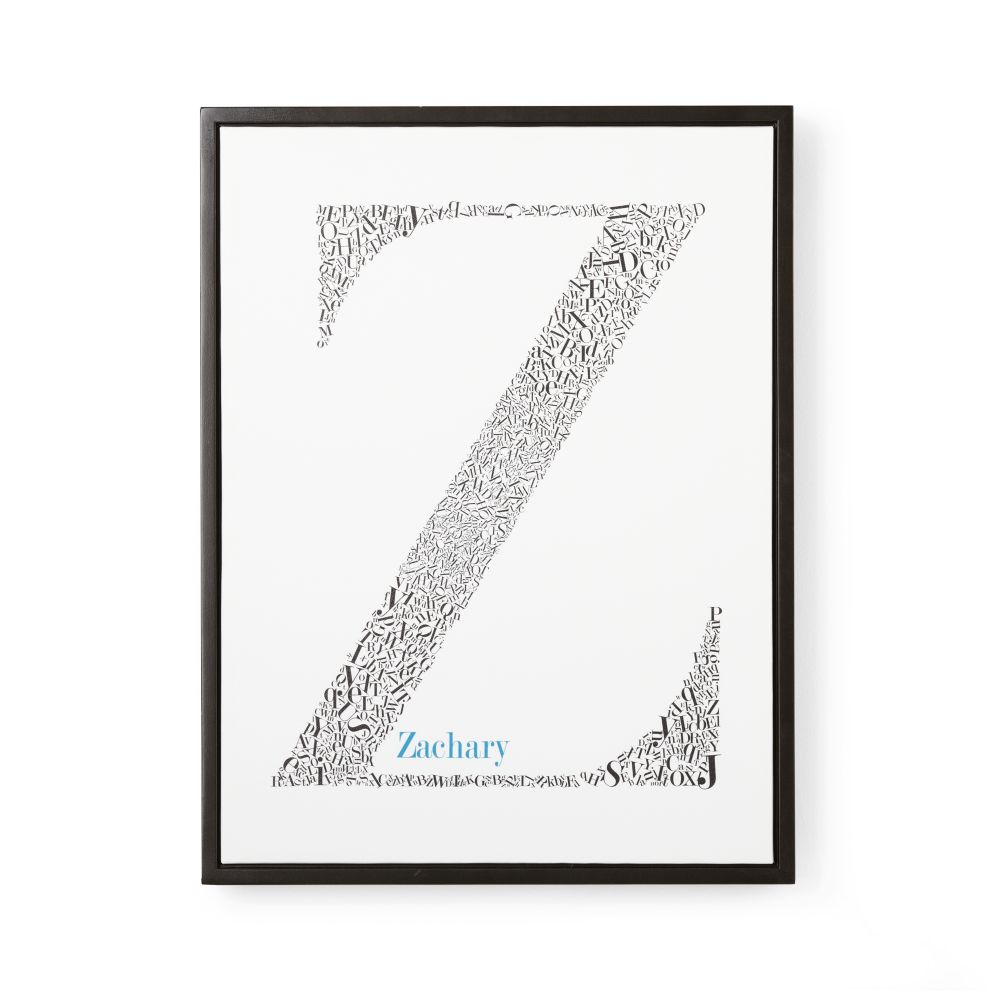 Alphabet Soup Personalized Wall Art (Blue Font w/Black Frame)