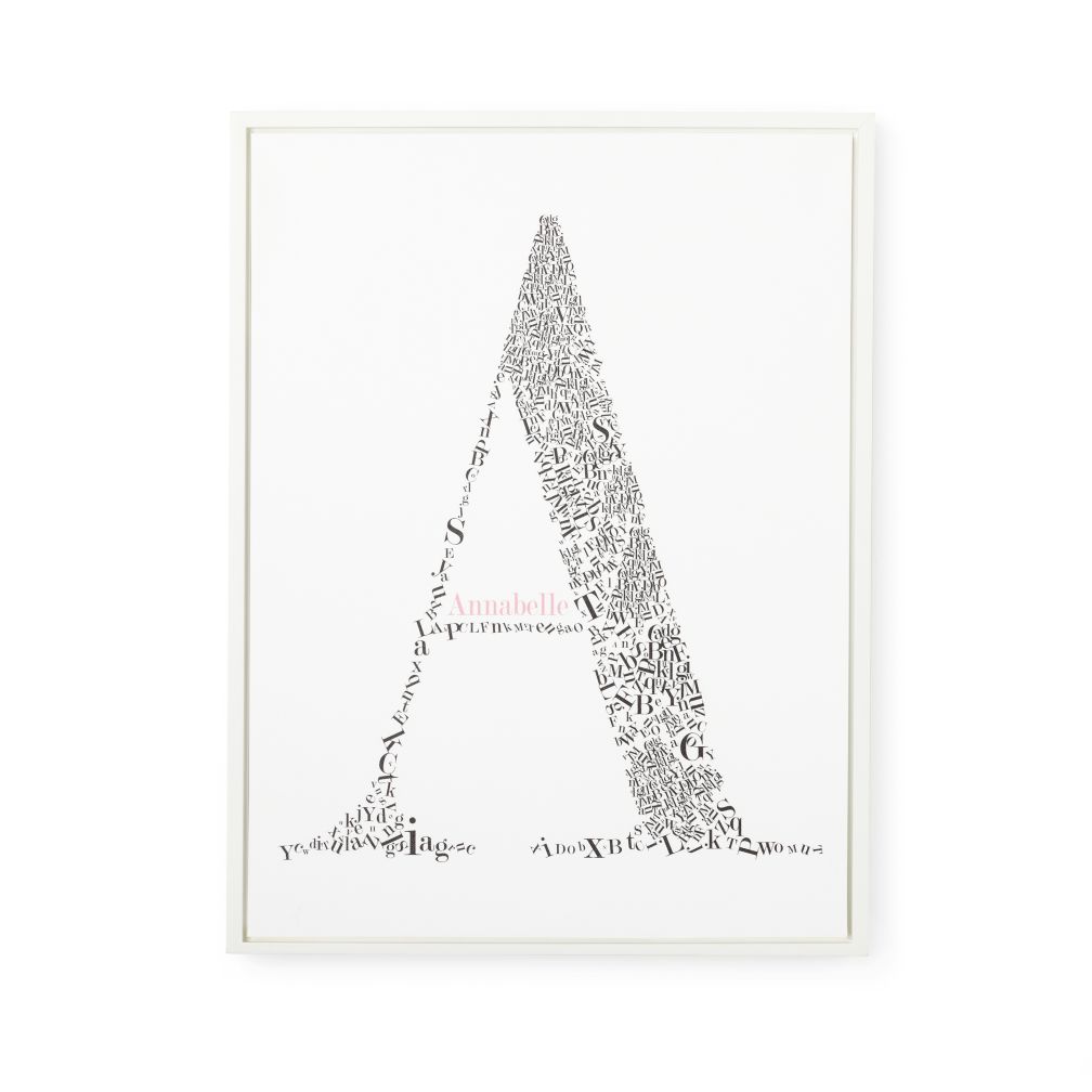 Personalized Alphabet Soup Wall Art (Pink Font w/White Frame)